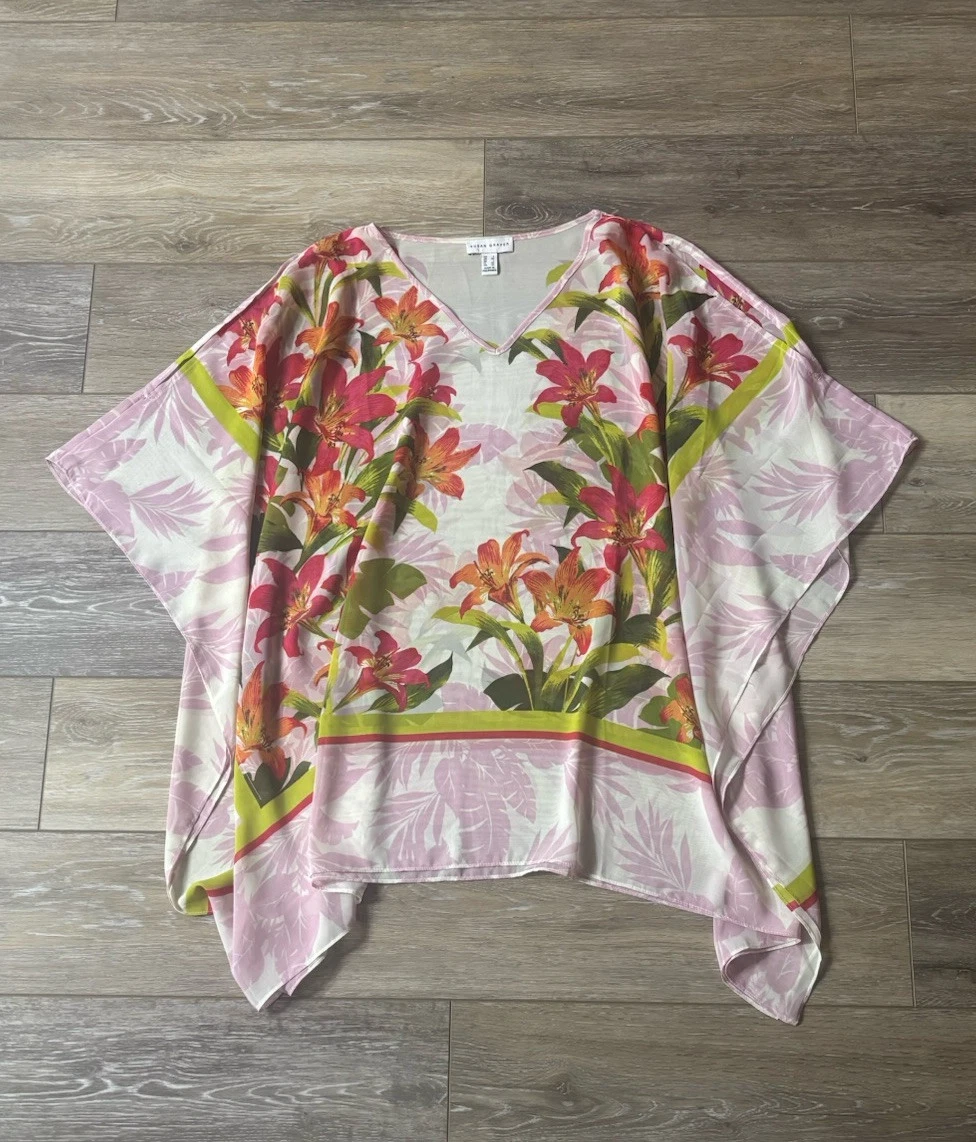 Susan Graver Kimono Top Sz L Sheer Tropical Floral Poncho Bloomcore Beach Cruise