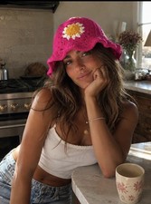 Handmade Crochet Granny Square Bucket Hat Pink Yellow Floral Boho Festival Retro