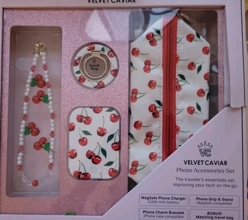 Velvet Caviar Phone Accessories 4 pc Set Cherries Charger Bag Stand Charm NIB