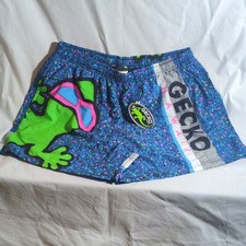 Vintage 90s Style Wild Gecko Hawaii Swim Trunks Shorts Large Blue Splatter Retro