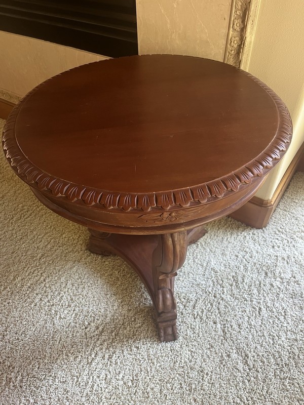 Round Wood End/Side Table, Brown Medium Wood Tone, Carved Edge, Scroll Legs