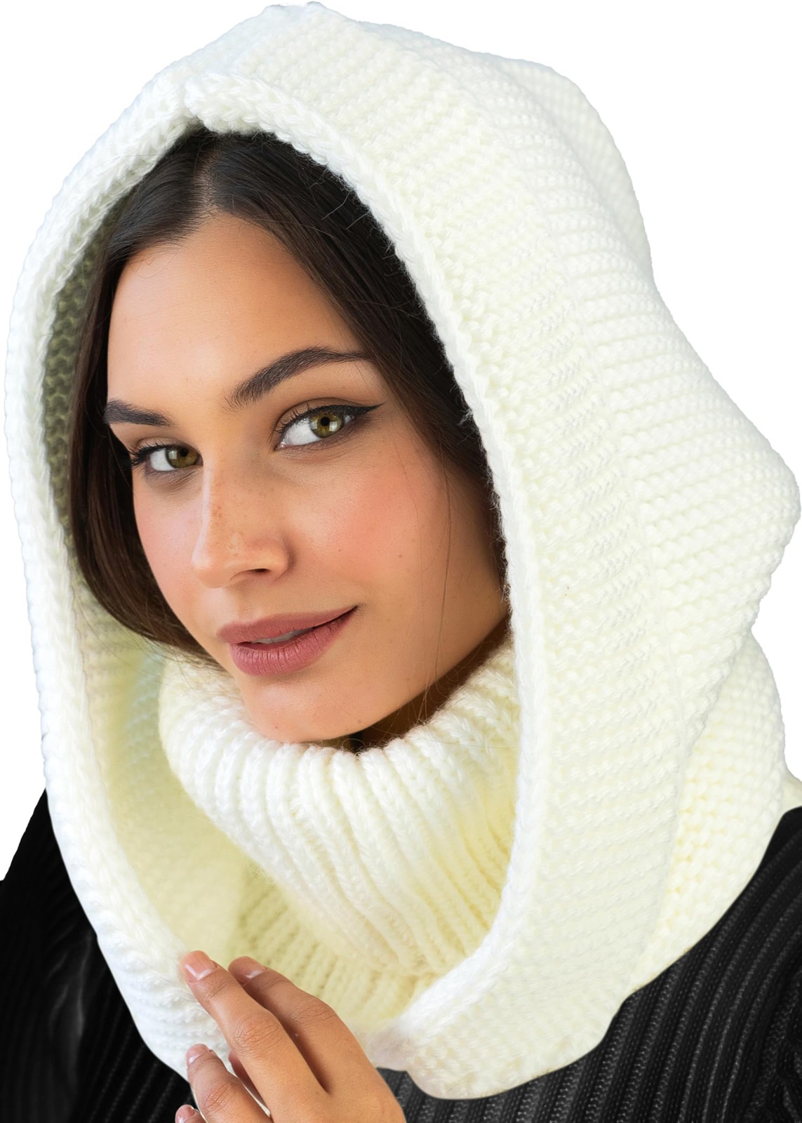 niceacsrise White Knit Hooded Scarf for Women - Balaclava Detachable Hood with