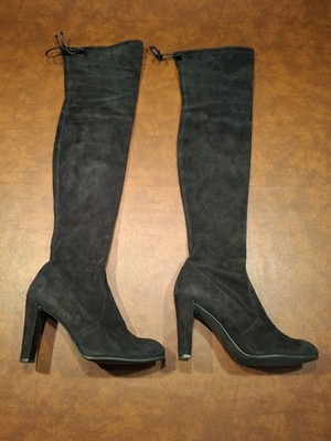STUART WEITZMAN SUEDE OTK BOOTS 10M BLACK  SPAIN REAR TIE PULL ON 