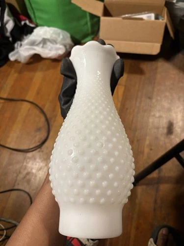 Vintage  Find!! Milk Glass Hobnail Ruffle Top Oil Lamp Shade 10" Tall 3”