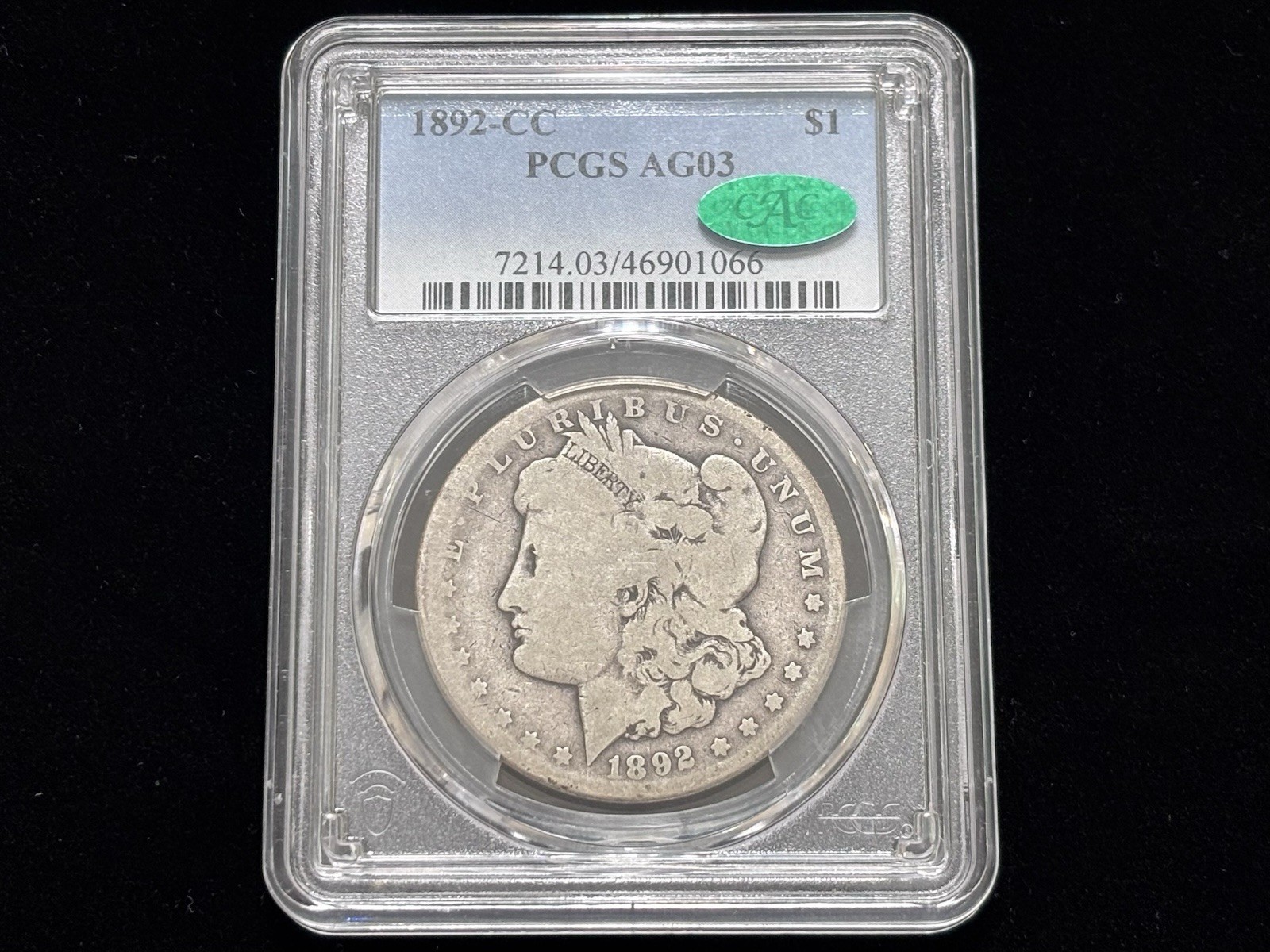 1892 CC Morgan Silver Dollar PCGS AG03 CAC Approved