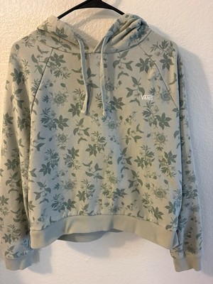 VANS Womens Floral Logo Pullover Hoodie Green Fleece Cotton Blend Drawstring L