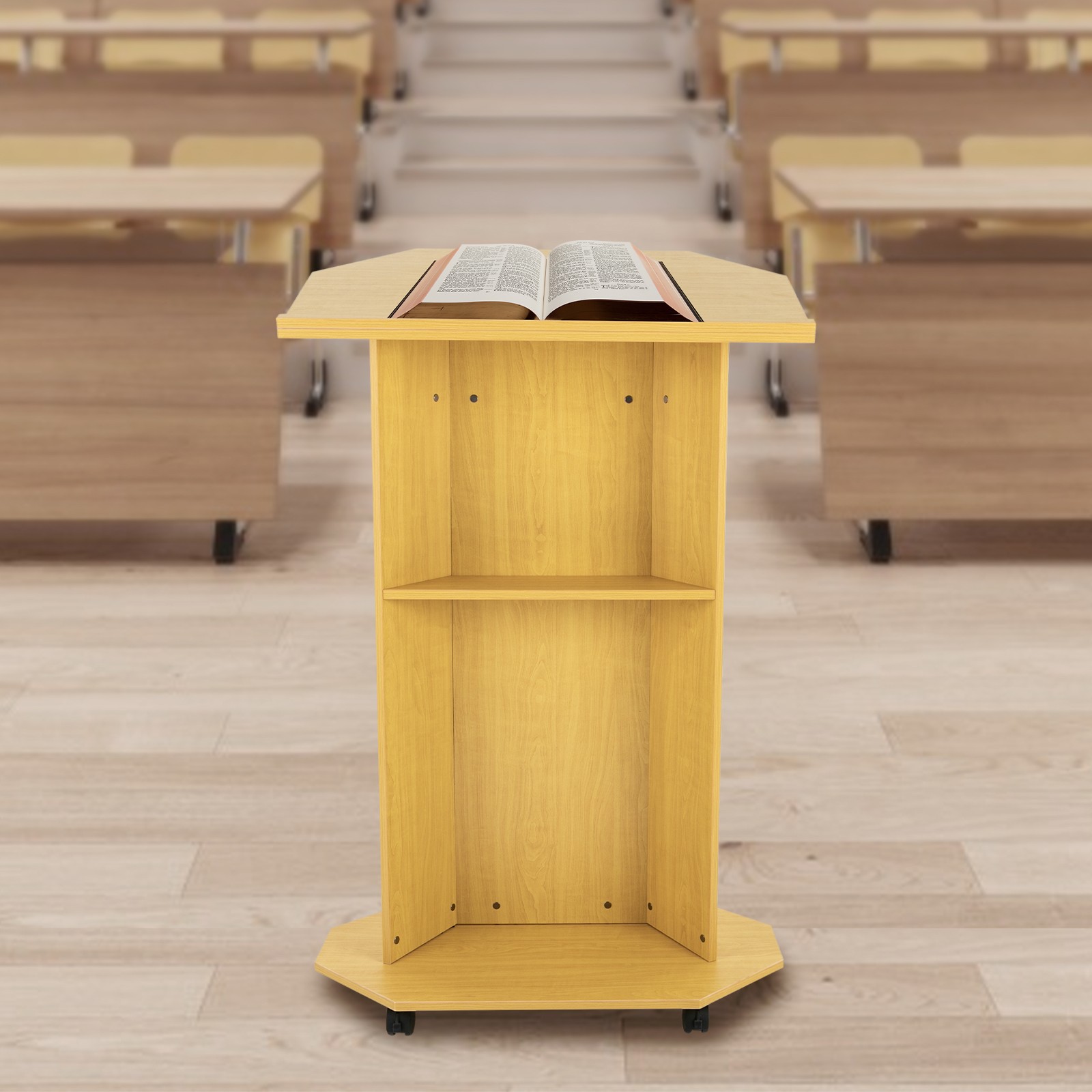 Mobile Presentation Stand Lectern Curved Conference Lectern Podium w/ Wheels