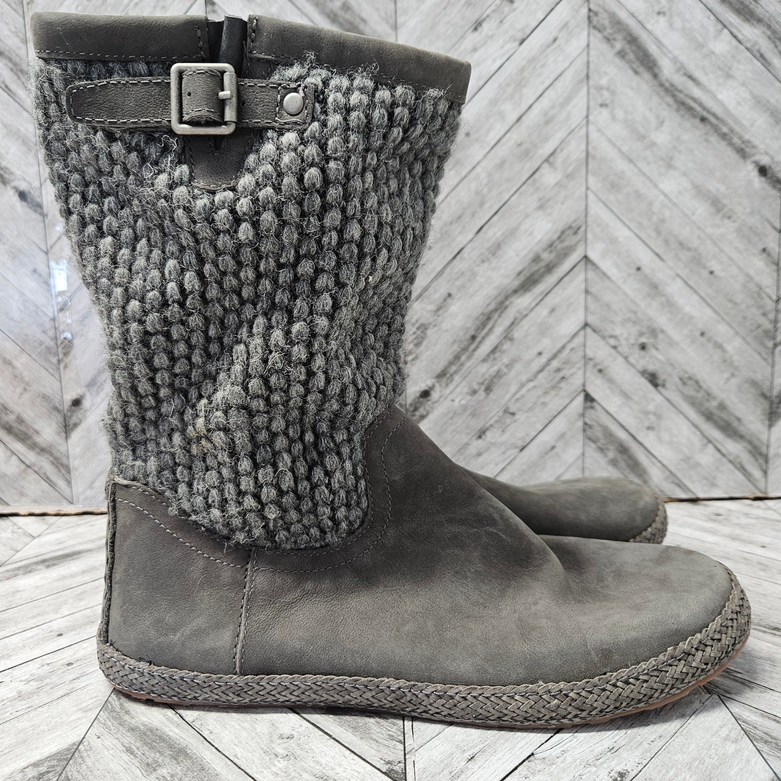 UGG Lyza Demi Gray Wool Knit Suede Mid Calf Boots Womens Size 8 1012490