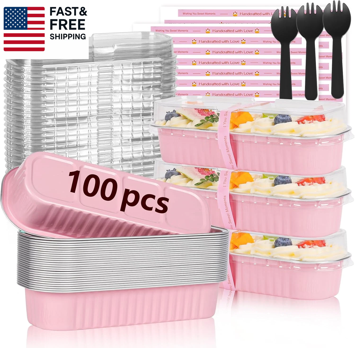 100 Pack Mini Loaf Pans with Lids and Spoons Sealing Sticker, 6.8Oz Mini Cake Pa