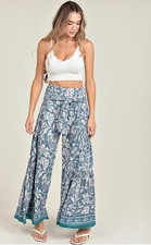 BRAND NEW WITH TAGS Boho Blue Floral Tie Waist Wide Leg Pants