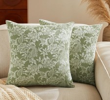 Green Floral Jacquard Pillow Covers Set of 2 18x18 Farmhouse Decorative Throw