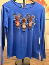 Rebecca Malone Reindeer Christmas Shirt Blue Long Sleeve Embroidered Women’s L