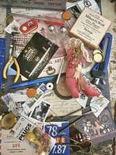 Estate Antique junk drawer lot Treasures Ephemera Glass Metals Tools Household