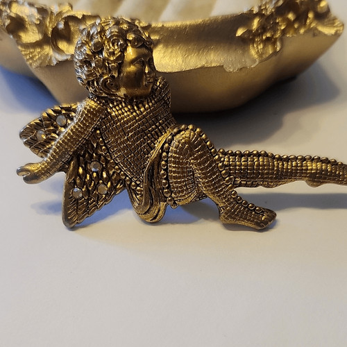Whimsical Lounging Sitting Angel Brooch AB Aurora Borealis Stones Gold-Tone VTG