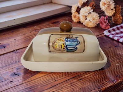 Vintage Beautifull Earthenware Coffee/Tea/Cocoa and Cookies Themed Butter Dish 6