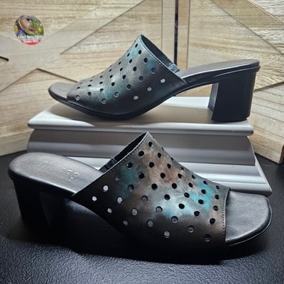 Munro Sandals 10 N Teal Jules ''Patina'' Metallic Perforated Block Heel Mule #613