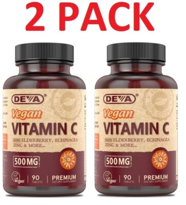 DEVA VEGAN VITAMIN C - 500 MG WITH ZINC & ELDERBERRY 90 Tablets (2 pack)