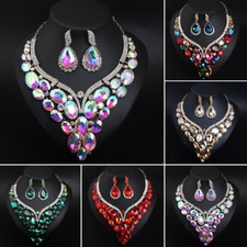 Crystal Rhinestone Bridal Wedding Bib Choker Necklace Earrings Jewelry Set Women