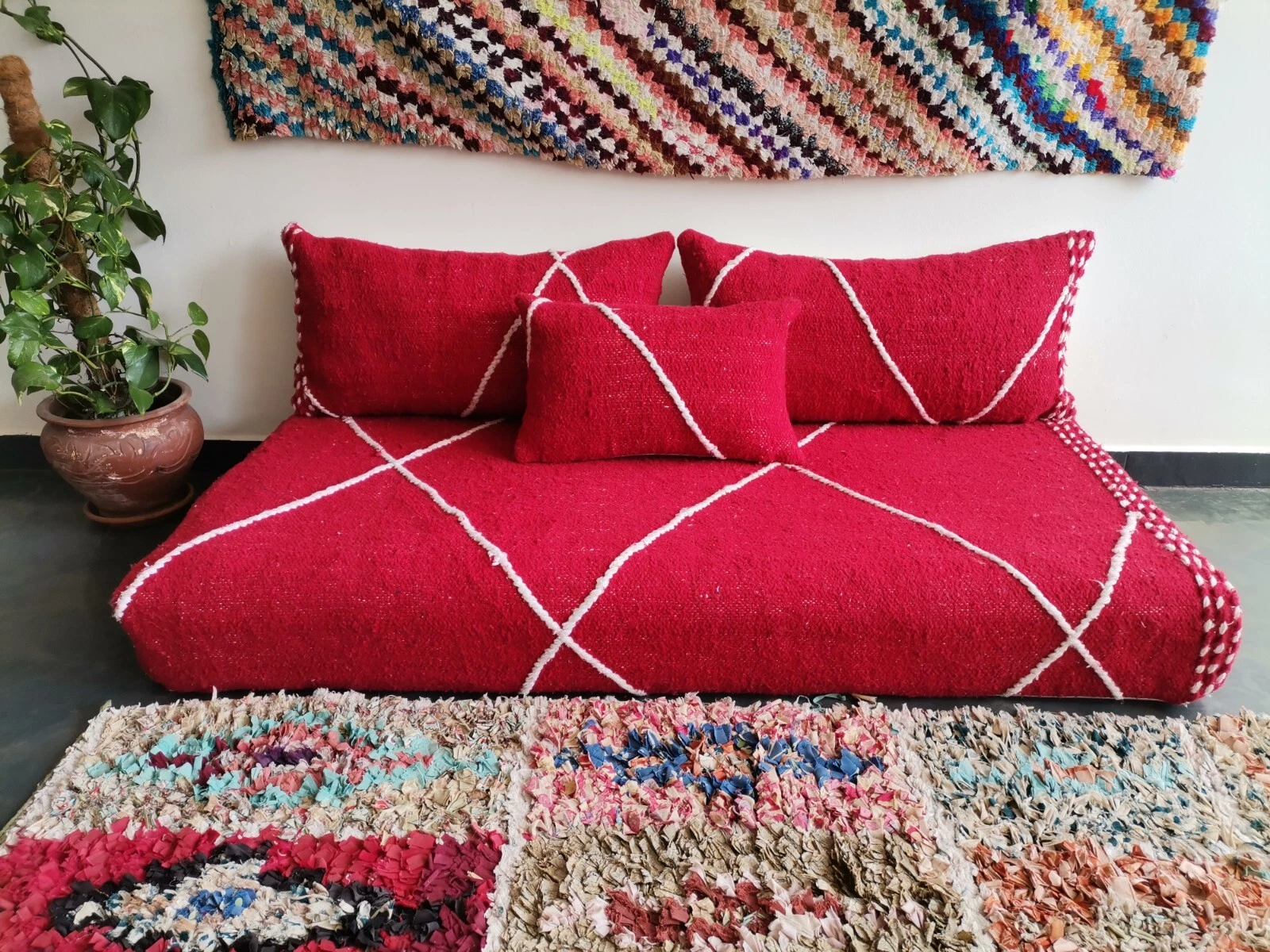 Moroccan Handmade Floor Couch - Unstuffed Cotton Red Sofa covers + Pillow case