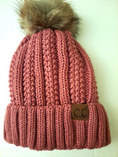 C.C Exclusives Thick Cable Knit Fleece Lined Cuff Beanie With Faux Fur Pom Pom