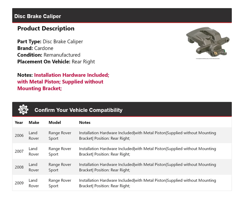Pinza de freno de disco trasera derecha Cardone para Land Rover Range Rover Sport 2006-2009 Foto 2 de 4