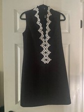 Eliza J Black Sleeveless Little Black Dress White Scroll Front Zip 6