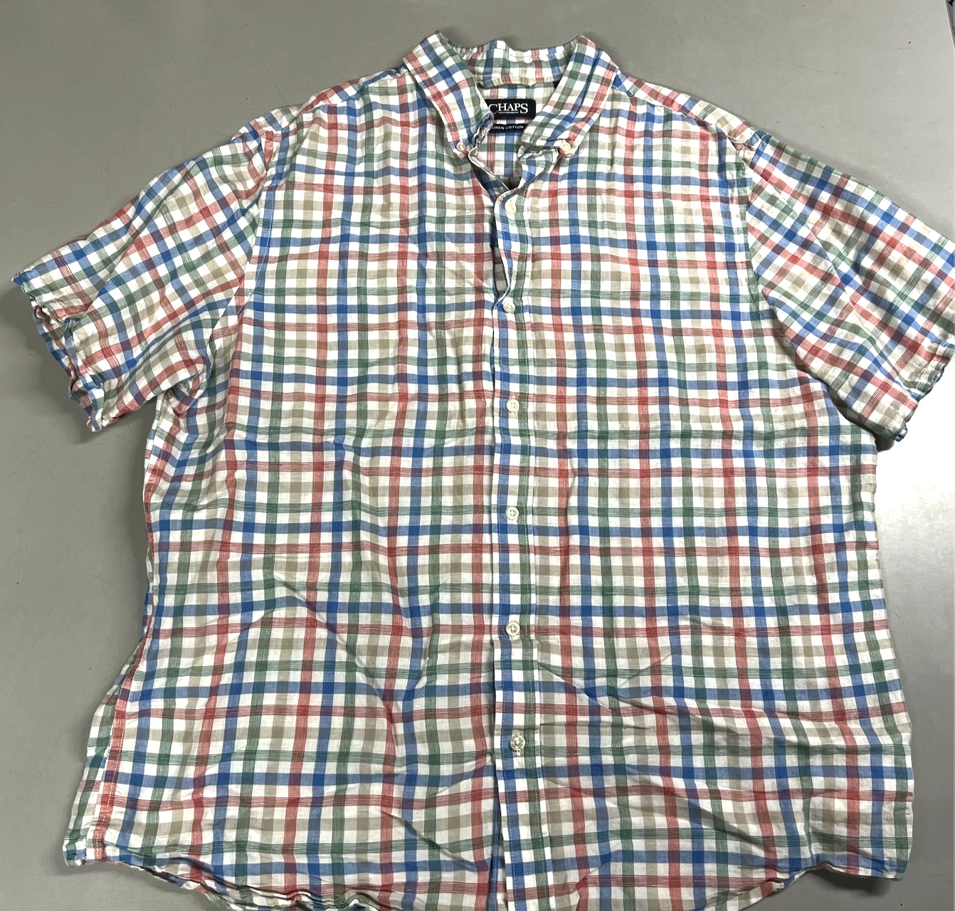 Chaps Shirt Mens XL Linen Cotton Short Sleeve Button Down Plaid - Rainbow