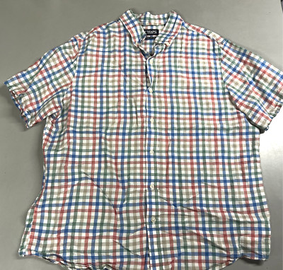 Chaps Shirt Mens XL Linen Cotton Short Sleeve Button Down Plaid - Rainbow