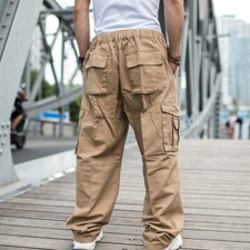 Mens Baggy Pants Loose Fit Cargo Trouser Hip Hop Loose Solid Color Elastic Waist