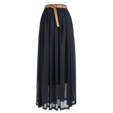 Long Midi Skirt Elastic Women Summer Layer Chiffon Waist Pleated Double