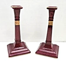 Burgundy Pillar Candle Holders w/ Gold Filigree Accents Elegant Porcelain Decor