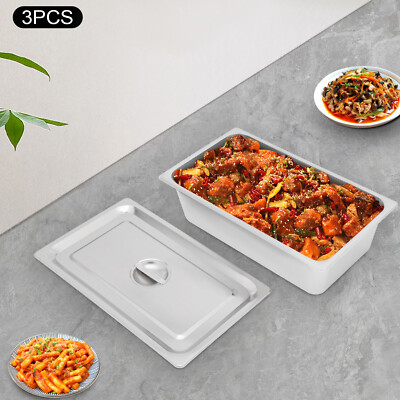 3 Pcs-6 Inch Deep Steam Table Pans With Lid  Full Size Stainless Steel Hotel Pan