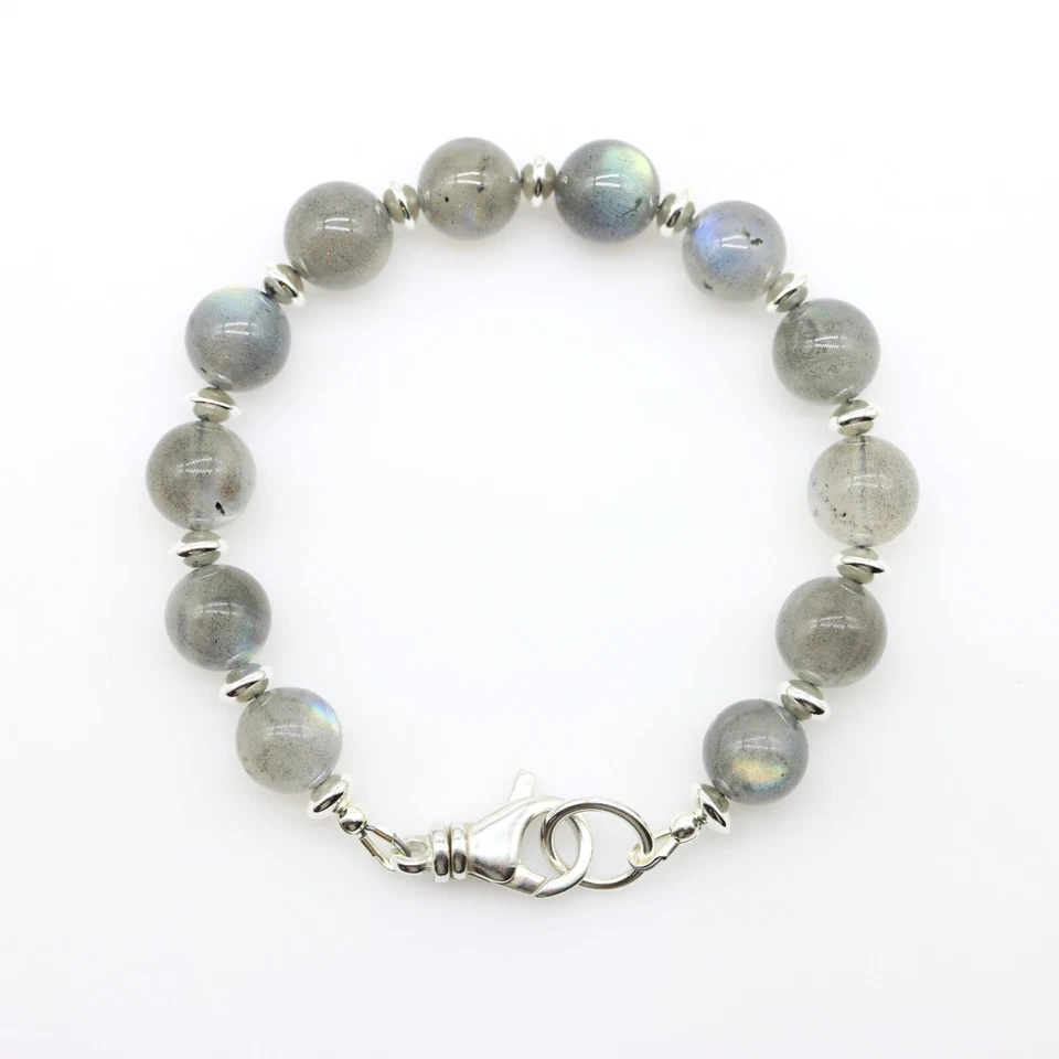 Large 10mm Round Labradorite Beaded Bracelet, Green Blue Yellow Rainbow Flash - Image 2 of 4