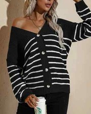 Pull Jersey Cardigan Femme Dos Nu Noir Blanc Long Doux Élégant M021