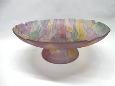 Vtg RUEVEN Nouveau Art Glass Scalloped Edge Pedestal Fruit Bowl Multi Color Drip