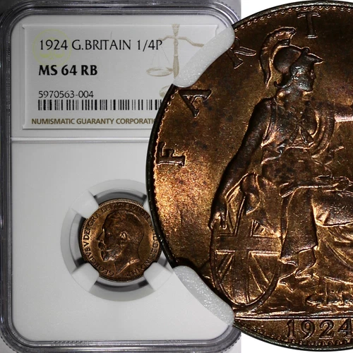 Great Britain George V Bronze 1924 Farthing NGC MS64 RB KM# 808.2 (004)