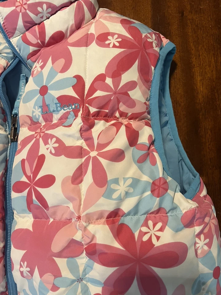 Chaleco Reversible LL Bean Jóvenes Niñas Plumón de Ganso Rosa Flores/Azul Cielo 14/16 Grande Foto 4 de 4