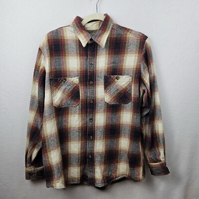 C.E. Schmidt Shirt Men s Size Medium Red Beige Black Plaid Long Sleeve Button Up