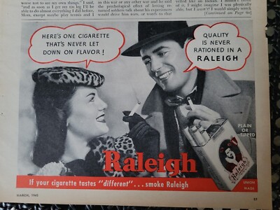 1945 Raleigh Cigarettes woman animal leopard print beret tam ad