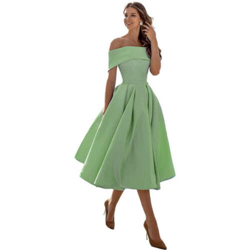 Women's Fashion Casual Strapless Satin Party Dress Off The Shoulder Tea Length S - Picture 42 of 106