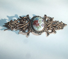 VINTAGE HAND PAINTED PORCELAIN FLORAL CAMEO HAIR BARRETTE