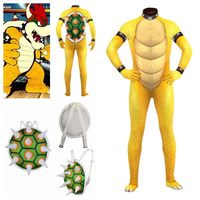 Super Mario Bros:King Bowser Koopa Cosplay Yellow Dinosaur Jumpsuit+Backpack Bag