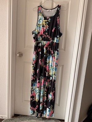 Lilly Posh Boutique XXL Floral Maxi Dress Sleeveless Black Gathered Waist