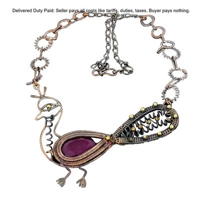 Natural Kashmir Rubi Chain Wire Wrapped Peacock Daughter Artisan Necklace Copper
