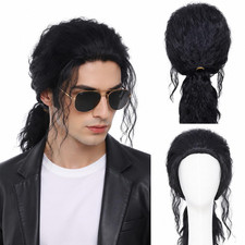 Mens Long Black Curly Wig, 70S 80S Rock Retro Men Cosplay Wigs Curly Ponytail Sy
