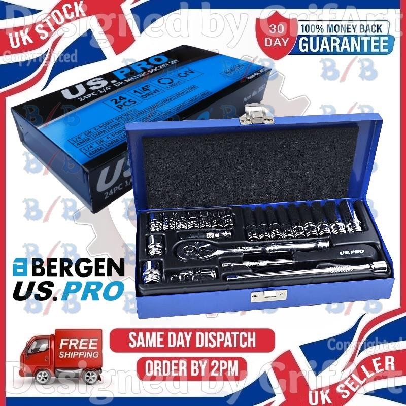 US PRO 24PC METRIC SOCKET BIT SET 1/4"" DRIVE RATCHET WRENCH EXTENSION BAR KIT