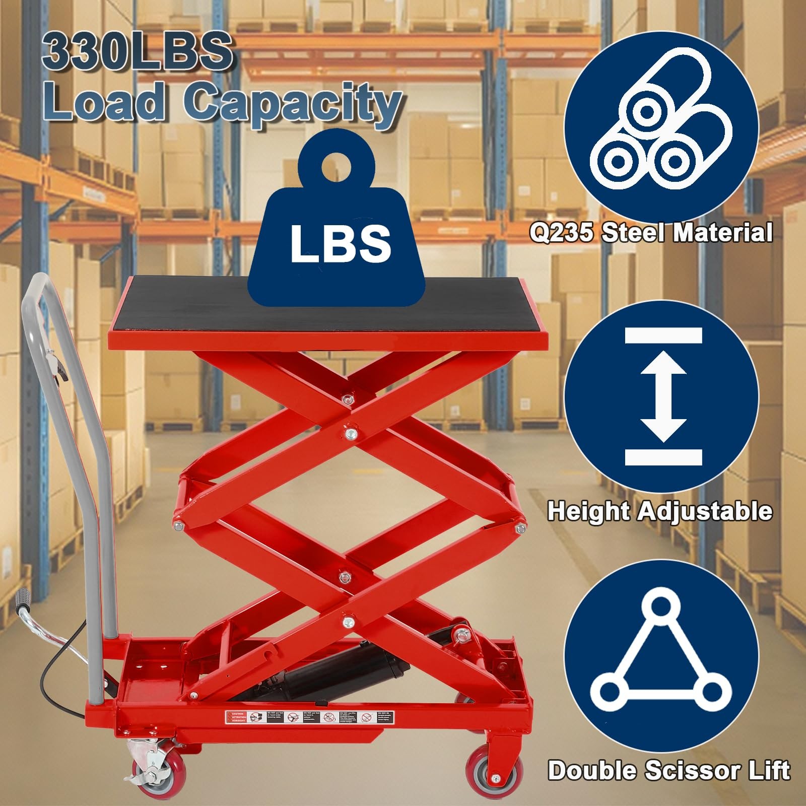 Hydraulic Lift Table Cart 330lbs Double Scissor Lift Table 50"Platform Non‑slip