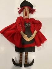 17” Artist Cloth Primitive Folk Art Witch With Black Cat Jane Rieser 1999 