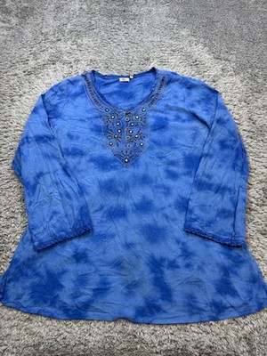 Reba Top Women 2X Blue Tie Dye Beaded Embellished V Neck Henley Tunic Blouse Y2K