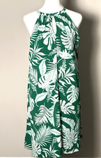 Tahari Green & White Palm Leaf High Neck Swing Tent Dress Sleeveless Size M